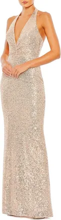 Mac Duggal Sequined Halter Strap Plunge Neck Gown in Rose Gold at Nordstrom, Size 24