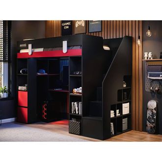 Flair Blaze Staircase Gaming High Sleeper with Storage Black & Red | Size: Single