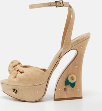 Charlotte Olympia Beige Canvas Floral Vreeland Embellished Platform Sandals