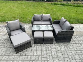 Fimous Rattan Outdoor Garden Furniture Sofa Set Patio Table & Chairs Set with 3 Footstools Dark Grey Mixed