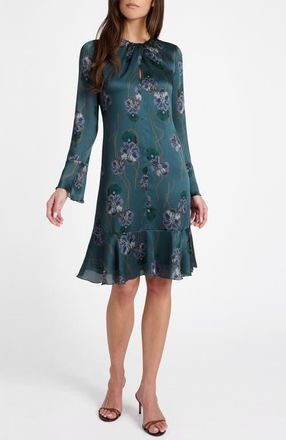 Santorelli Drake Long Sleeve Printed Shift Dress with Ruffled Skirt in Steel Teal at Nordstrom, Size 10