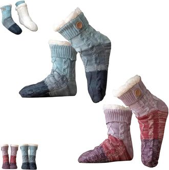 Generic Knitted Ultra-Thick Slipper Home Socks, Tri-color Knit Patchwork Non-Slip Warm Winter Socks, Ultra-Thick Lounge Wear Socks, Cozy Warm Winter Indoor We