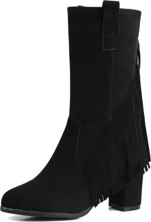 Generic Womens High Heeled Fringe Mid-Calf Boots Round Toe Faux Suede Retro Boot Pull on Wide-Calf Boots,Black,11.5 UK
