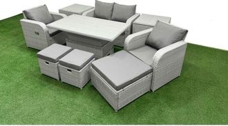 Fimous Light Grey pe Wicker Rattan Garden Furniture Set Sofa Set Reclining Chair Adjustable Lifting Dining or Coffee Table 7 Seater 3 Stools 2 Side Table