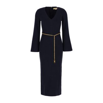 Michael Kors Wollen Midi-jurk met Riem - Dames - Kleedjes - Blauw - L - Wol - Kleedjes