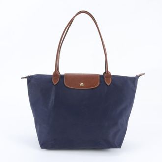 Longchamp Navy Leather Nylon Handbag Shoulder Bag Tote Bag (Pre-Owned)