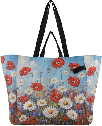 Generic Red Flowers White print Reusable Canvas Tote Bag, Heavy Duty Grocery Shopping Bag with Large Capacity Hard Bottom Double Handles Work Groceries Travel