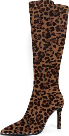 elashe Womens Suede Knee High Boots Leopard Ladies Knee length Long Heeled Boots for Women UK with Beads Stiletto 9.5 CM(3.75 inches) High Heels Pointed Toe 