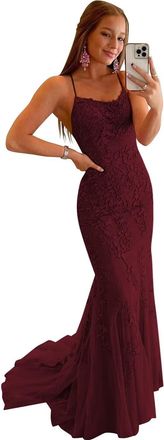 Generic Womens Sweet Tulle Evening Dress Lace Applique Mermaid Prom Gowns Long Spaghetti Strap Floor Length Formal Party Dress Burgundy