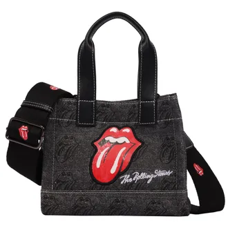 THE ROLLING STONES Black Denim Mini Tote Bag - Tongue Logo Patch, All-Over Print & Adjustable Crossbody Strap
