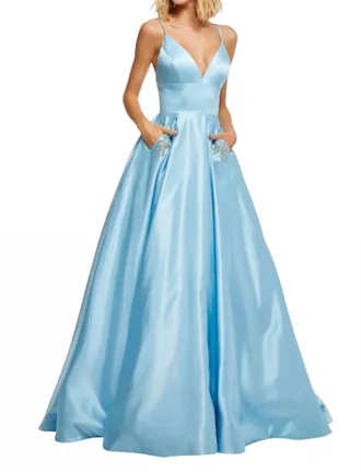 Sherri Hill Deep V-Neckline Beaded Bow Prom Dress In Light Blue
