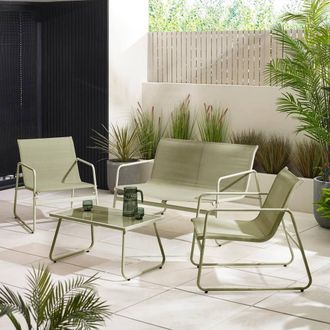 Furniturebox Naxos 4 Seat Outdoor Conversation Set With Chairs, Sofa & Table in Green