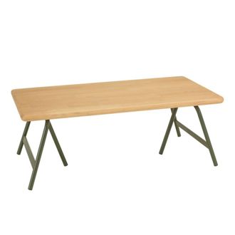 Macabane Mesa de centro con tablero de pino y patas de caballete de metal verde