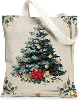 Generic Vintage Christmas Canvas Tote Bags, Elegant Holiday Tree Design Reusable Shopping Bags, Lightweight Washable Eco-Friendly C, Green, 13x15 Inch