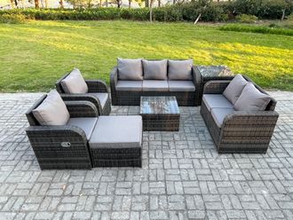 Fimous 8 Seater Garden Furniture Set Rattan Outdoor Lounge Sofa Chair With Tempered Glass Table Big Footstool Side Table Dark Grey Mixed