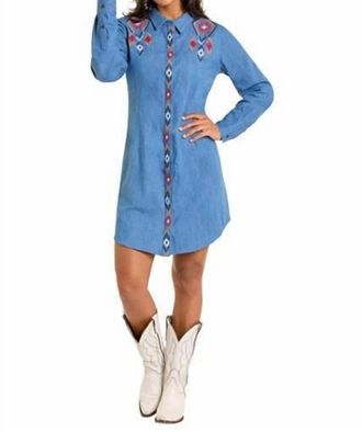 Panhandle Long Sleeve Embroidered Dress In Blue