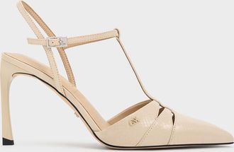 Charles & Keith Leather Snake-Print T-Bar Pointed-Toe Pumps