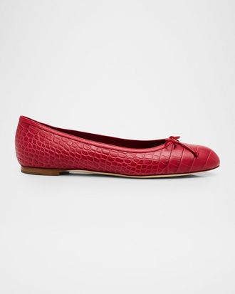 Manolo Blahnik Verallim Croc-Embossed Leather Ballerina Flats