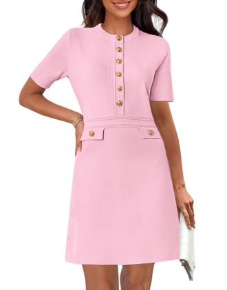 Merokeety Womens Knit Bodycon Sweater Dress Button Business Work Short Sleeve Formal Elegant Mini Dress, Light Pink, XL