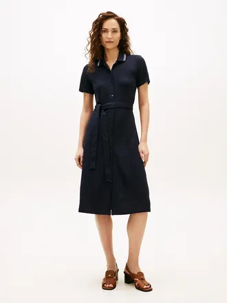 Tommy Hilfiger Womens Belted Tipped Midi Polo Dress - Navy - XXL