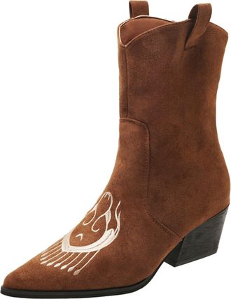 Generic o Womens Booties And Boots Size 11 Pointed Toe Western Boots Summer New Retro Embroidered Sleeve Cowboy Boots All Thick Heel Boots For Women (Brown, 5