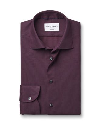 CHARLES TYRWHITT Non-Iron Stretch Texture Cotton Shirt - Dark Red Single Cuff Size 15.5/33 by Charles Tyrwhitt