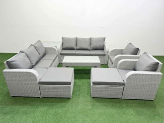 Fimous PE Rattan High Back Lounge Sofa Set Patio Oblong Coffee Table & Chairs Set w/ 3 Seater Sofa Reclining Chair 2 Big Footstool Side Table Light