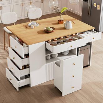 Merax Kitchen Island Cabinet with Mobile Storage Stools, Drawers in White
