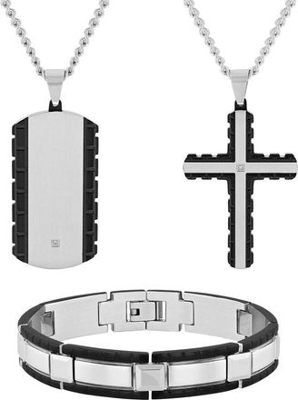 Robert Alton Diamond Accent Stainless Steel Jewelry Set with Black Finish - Cross, Dog Tag & Bracelet