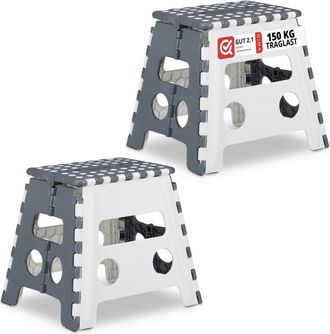 Relaxdays Sgabello Pieghevole, Sgabellino con un Gradino e Manico, fino a 120 kg, Plastica, 32x37x29,5 cm, Grigio/Bianco - Relaxdays