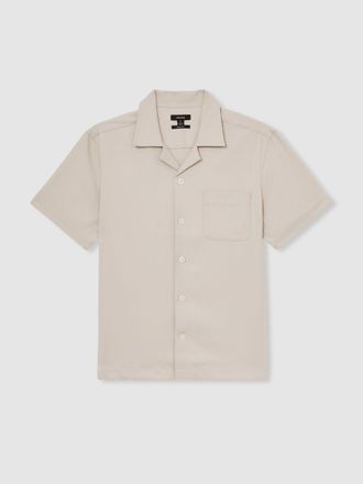 Reiss Stone Herringbone Twill Cuban Collar Short Sleeve Shirt, L