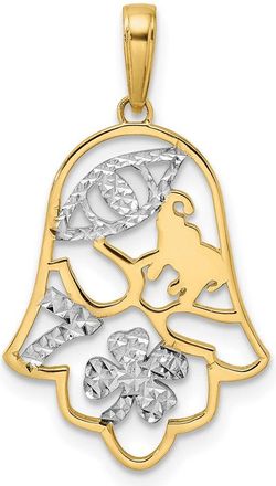 Diamond2Deal 14k Yellow Gold White Rhodium Diamond-Cut Good Luck Symbols on Hamsa Pendant