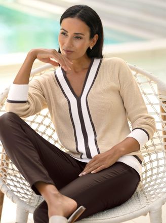 Heine Strickpullover HEINE Pullover, Damen, Gr. 34, sand, 100% Baumwolle, gemustert, mehrfarbig, Pullover Strickpullover