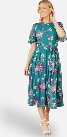 Yumi Mesh Skater Floral Midi Dress in Teal at Nordstrom, Size 10