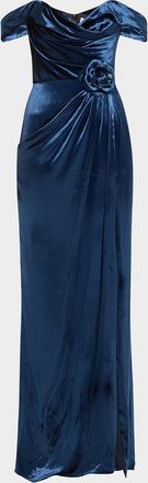 Marchesa Off-Shoulder Velvet Liquid Gown with Train