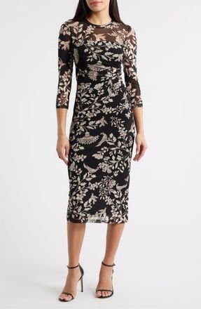 Anne Klein Floral Side Ruched Mesh Midi Dress in Anne Black Multi at Nordstrom Rack, Size X-Small
