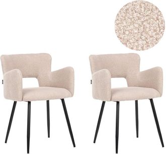 Beliani Set of 2 Modern Dining Chairs Boucle Seat with Armrests Tufted Beige Sanilac