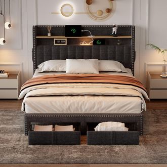 Aka Double Upholstered Bed with 2 Storage Drawers in Grey