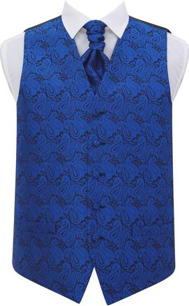 DQT Men Paisley Floral Waistcoat and Cravat Royal Blue 36