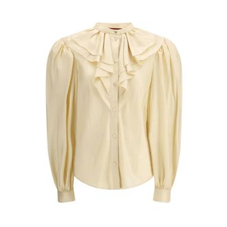 Gucci Zijden Overhemd met Knopen - Dames - Blouses - Beige - M - Leer - Overhemden