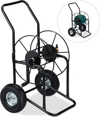 Relaxdays Carro Para Manguera De Riego, Soporte Port&aacute;til, Conector De 1/2 & 3/4, Hasta 80m, Metal, 1 Ud., Negro - Relaxdays