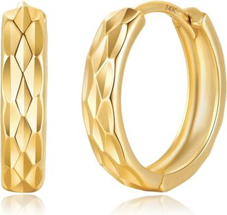 MAX + STONE 14K Yellow Gold Diamond Cut Huggie Hoop Earrings 13mm to 15mm