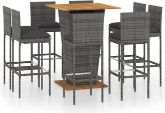 vidaXL 9 Piece Garden Bar Set with Cushions Poly Rattan Grey vidaXL
