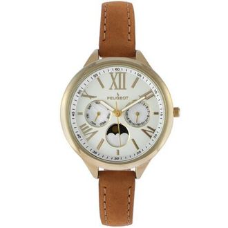 Peugeot Sun Moon Multi Function Suede Strap Watch - 38MM in Brown at Nordstrom