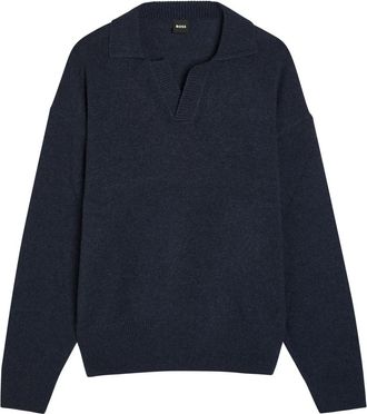 BOSS Boss Open Collar Wool Polo Jumper - Navy - Xxl