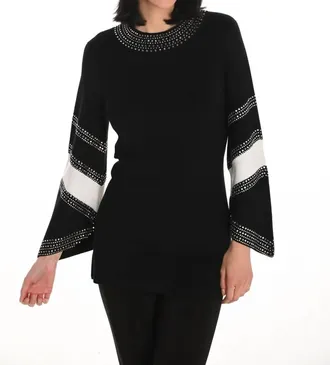 Frank Lyman Design Jasna Jeweled Stripe Pullover Sweater In Black And Off-White