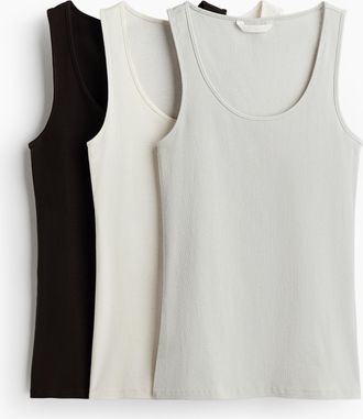 H&M 3er-Pack Gerippte Tanktops - Schwarz/Elfenbein/Grau