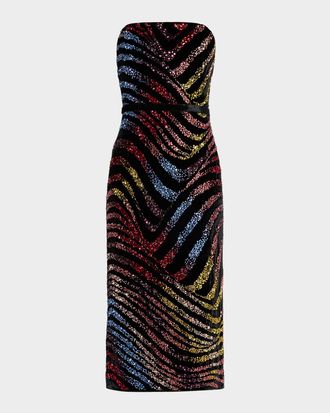 Mary Katrantzou Karlowe Strapless Beaded Striped Midi Dress