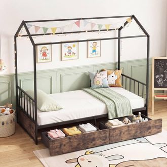Costway Costway Single Size Bed Frame w/2 Drawers Platform Bed w/Headboard & Footboard in Brown