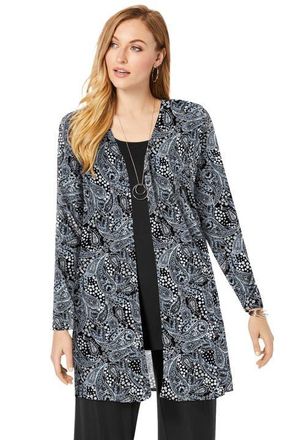 Jessica London Everyday Stretch Knit Open Front Cardigan in Black White Garden Paisley at Nordstrom, Size 32